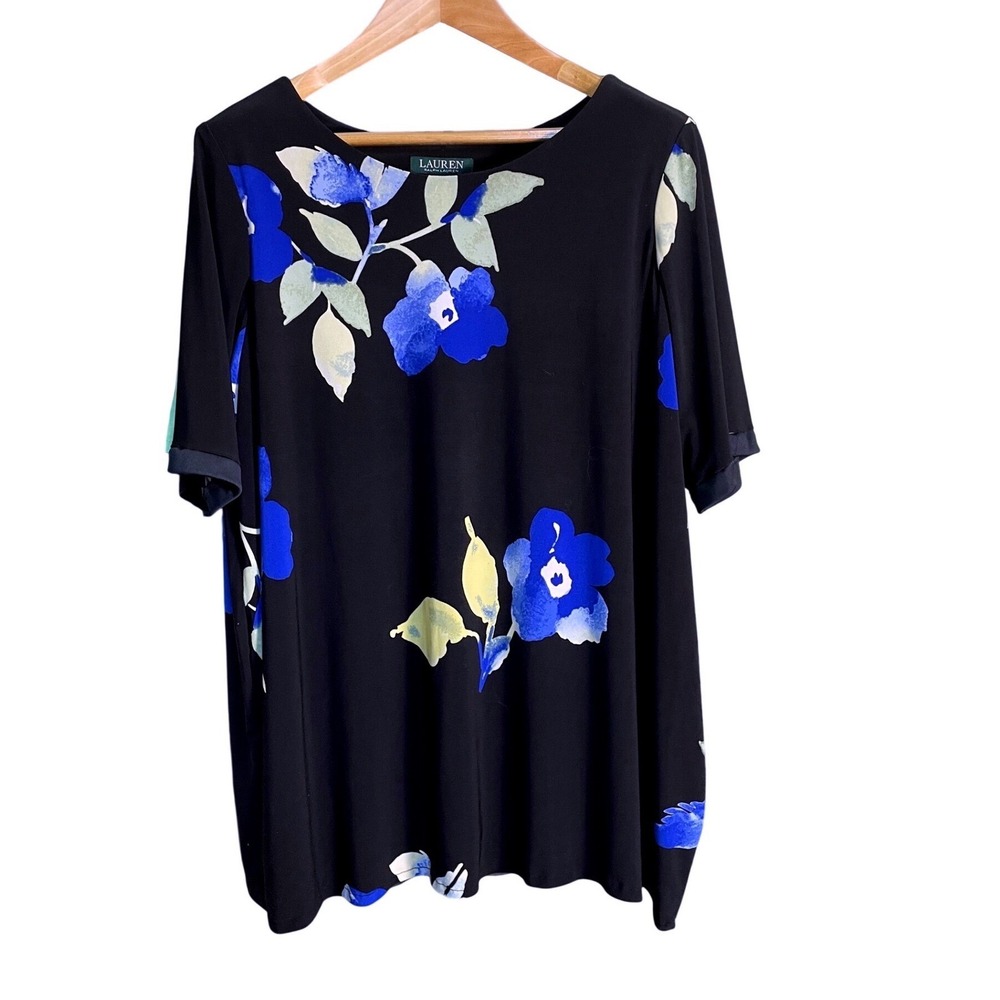 Lauren Ralph Lauren Black‎ Floral Short Sleeve Scoop Neck Blouse Plus Size 18W